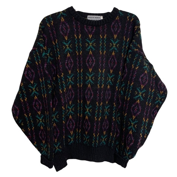 SWEATER MARKET Denmark Vintage Mens Fair Isle Sweater Crew Neck Dark Gray Wool L - Picture 1 of 4